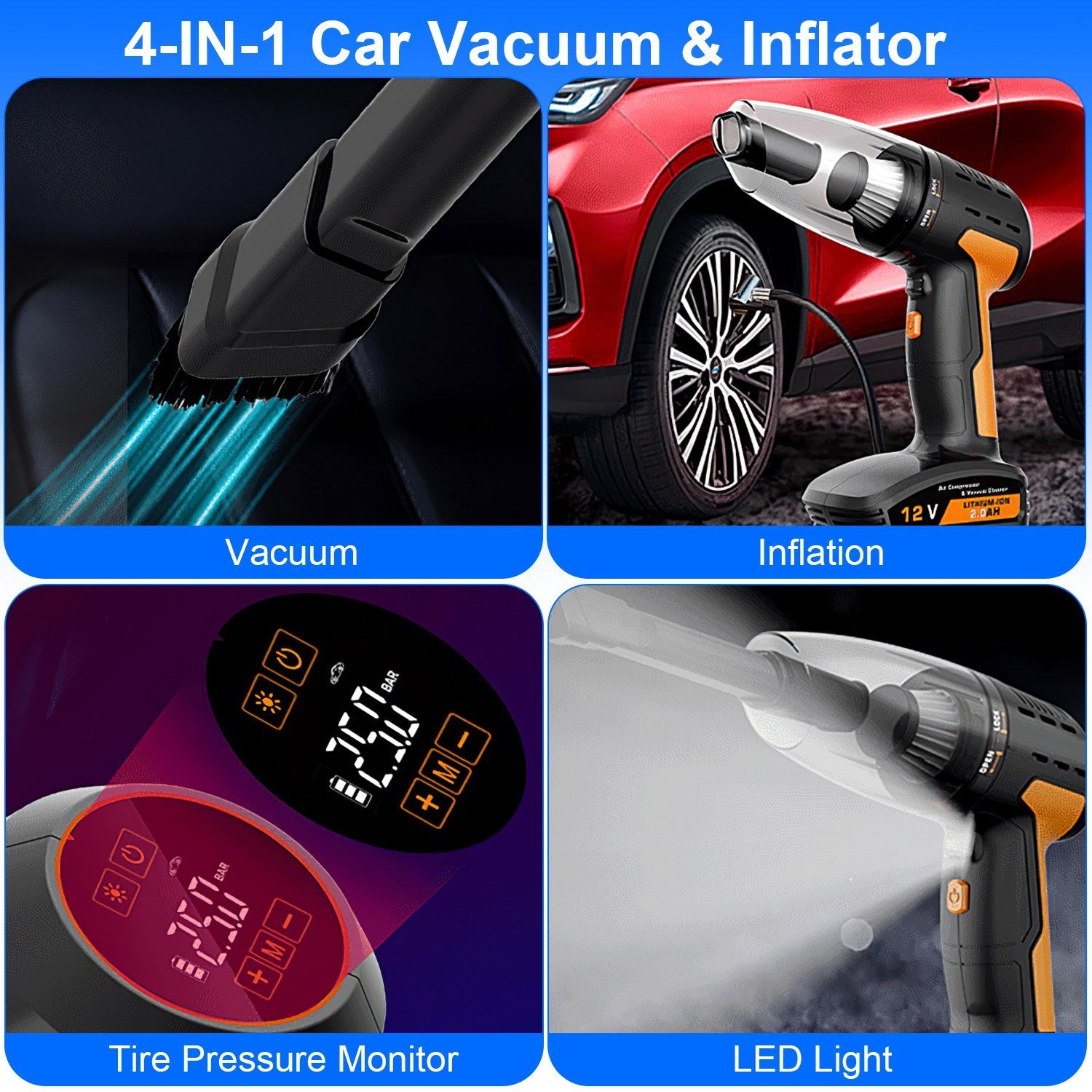 1Pc 4 In 1 Cordless Car Vacuum Cleaner And Tire Inflator With LED Light Digital Display Tire Pressure Gauge 150PSI Rechargeable Air Compressor Pump Essential Car Accessories