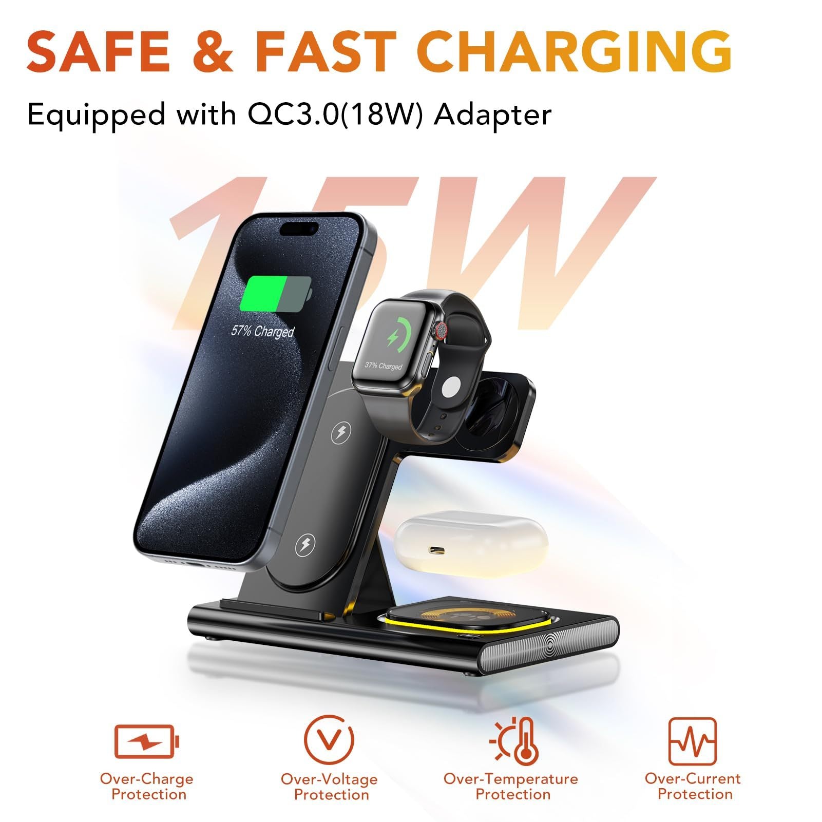 Wireless Charger Station, 4 In 1 Foldable 15W Fast Charging Wireless Charging Station With Night Light For IPods IWatch